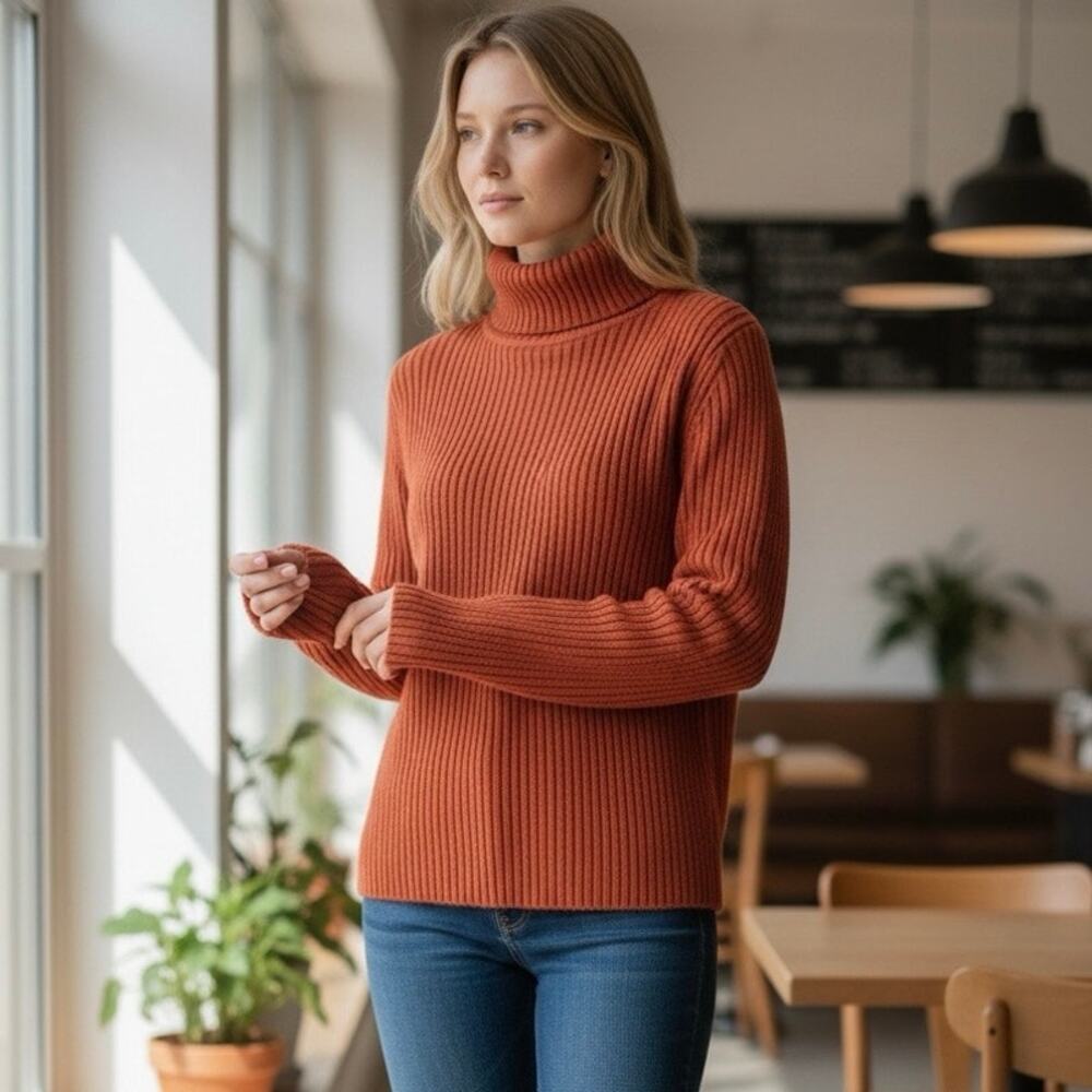 Sonoma Womens Medium Terracotta Rust Ribbed Turtleneck Sweater 100% Cotton Flaw